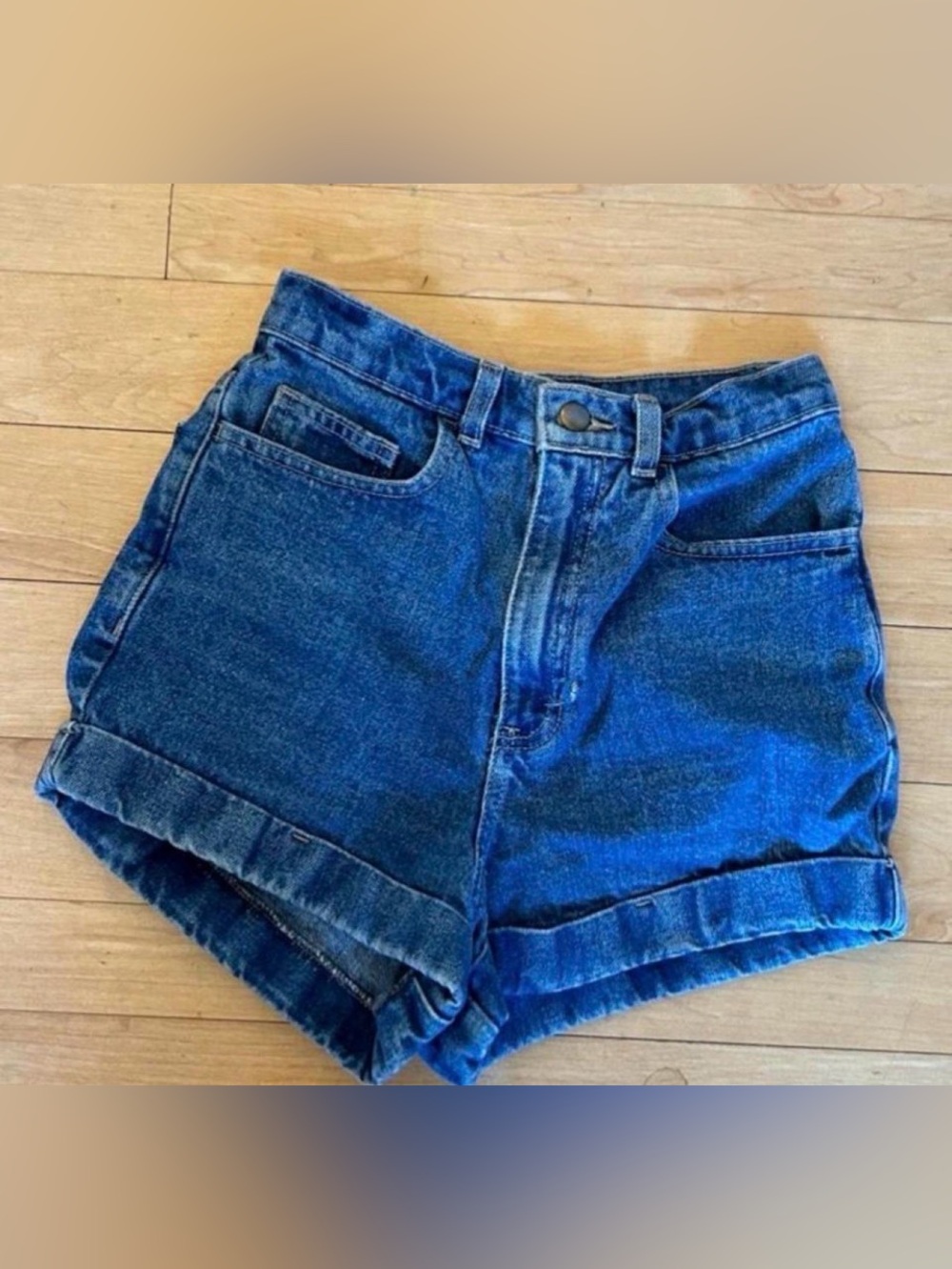 American Apparel Dark Blue High-Waist Cuffed Denim Shorts